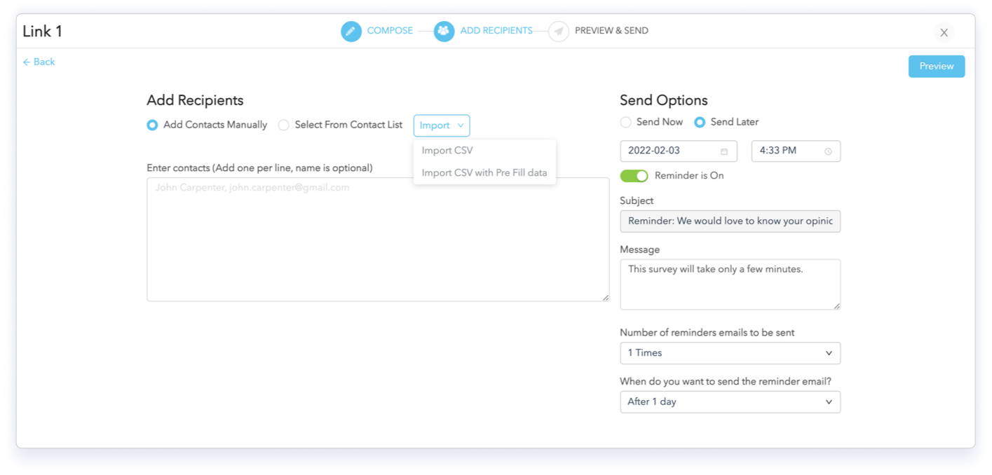 Adding Contacts + Scheduling Email Surveyus